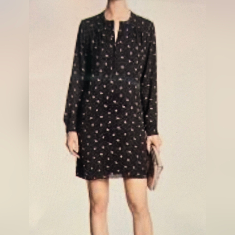 Banana Republic Black Long Sleeve Dress with Pink Bird Pattern Size XS